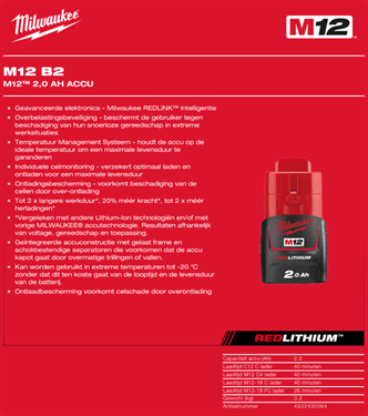 MILWAUKEE M12 B2 ACCU (12 V / 2.0AH REDLITHIUM-ION